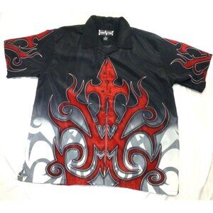 Steve & Barrys Club Shirt Red Tribal Flames Black Button-Up Short Sleeve M Polye